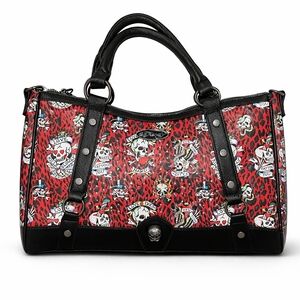 🆕Ed Hardy Satchel Bag Red Leopard Skull Tattoo Print Vegan Leather Shoulder Bag